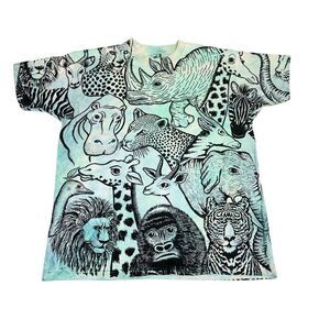 Vintage All Over Print Tie Dye Animals One Size T-shirt Jungle Single Stitch